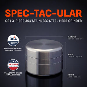 OG1 dimensions: 2.5 inch diameter, 1.8 inch height, 1.3 lb weight