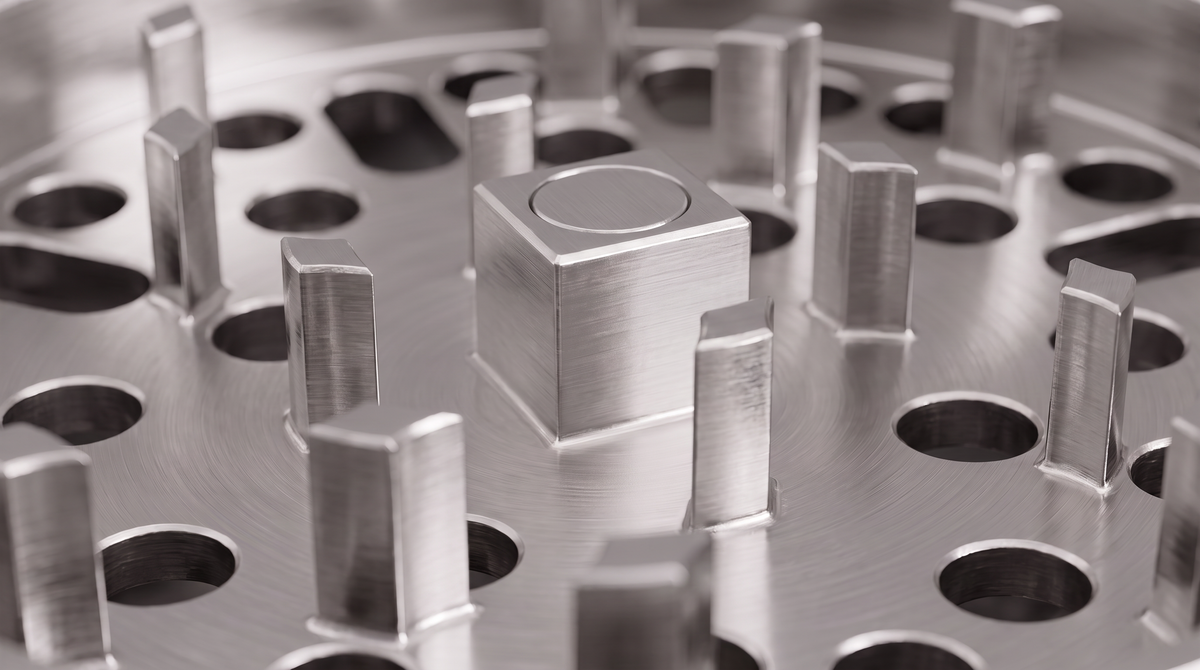 Specular OG1 grinding chamber showing precision-machined teeth and center magnet, extreme close-up