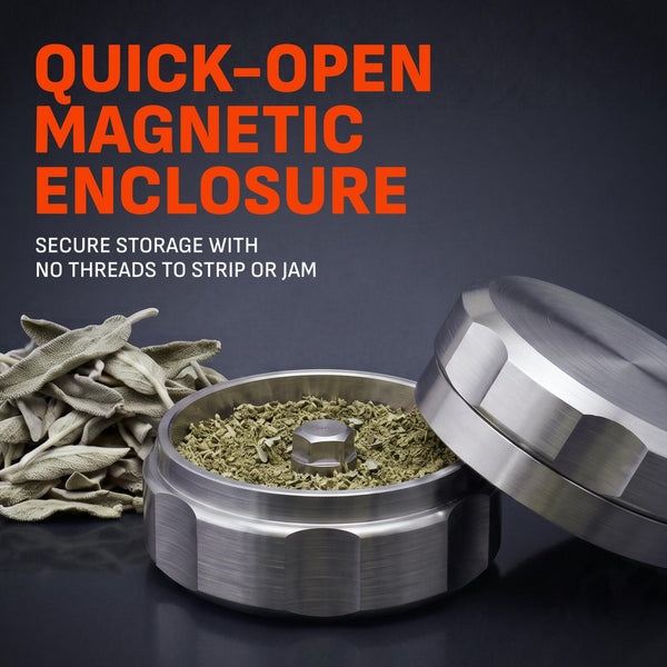 Specular Dial opened, showing the quick-open magnetic threadless enclosure