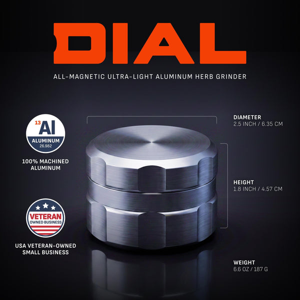Specular Dial dimensions: 2.5 inch diameter, 1.8 inch height, 6.6 oz
